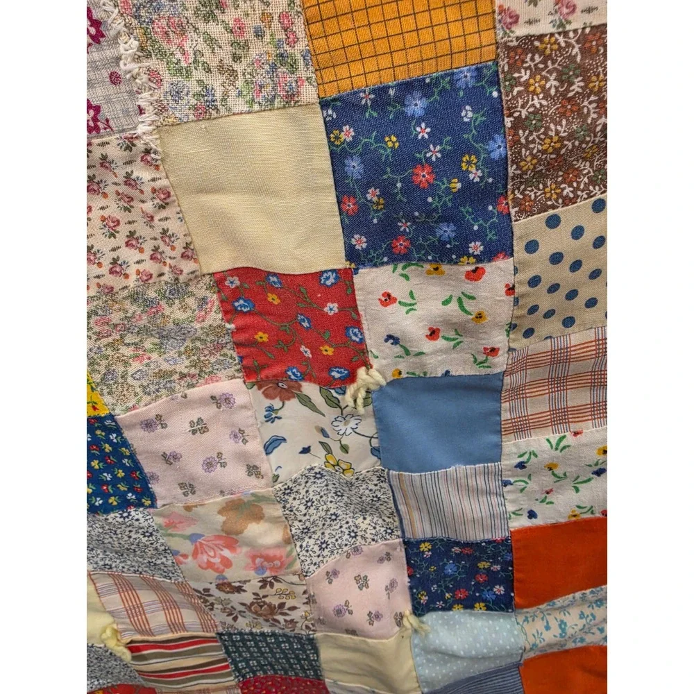 Vintage Handmade Patchwork Quilt Panel Multi Color Scrap Fabric Hand Tied 50x26